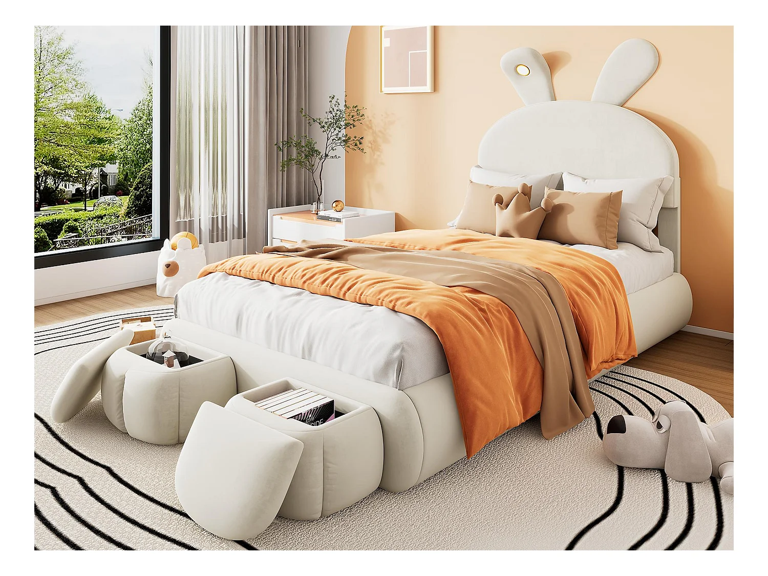 Kinderbett 90x200 cm, gepolstert mit Samt – Hasenohr mit verstellbarer LED – mit 2 Aufbewahrungshockern – Beige