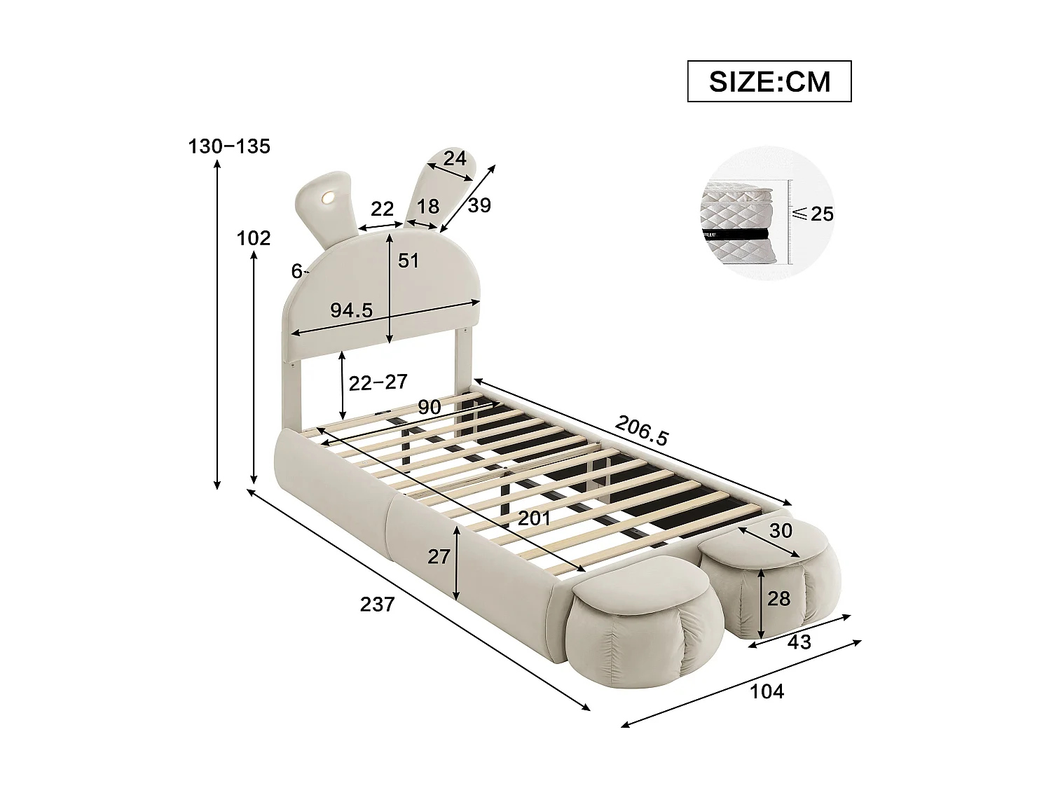 Kinderbett 90x200 cm, gepolstert mit Samt – Hasenohr mit verstellbarer LED – mit 2 Aufbewahrungshockern – Beige