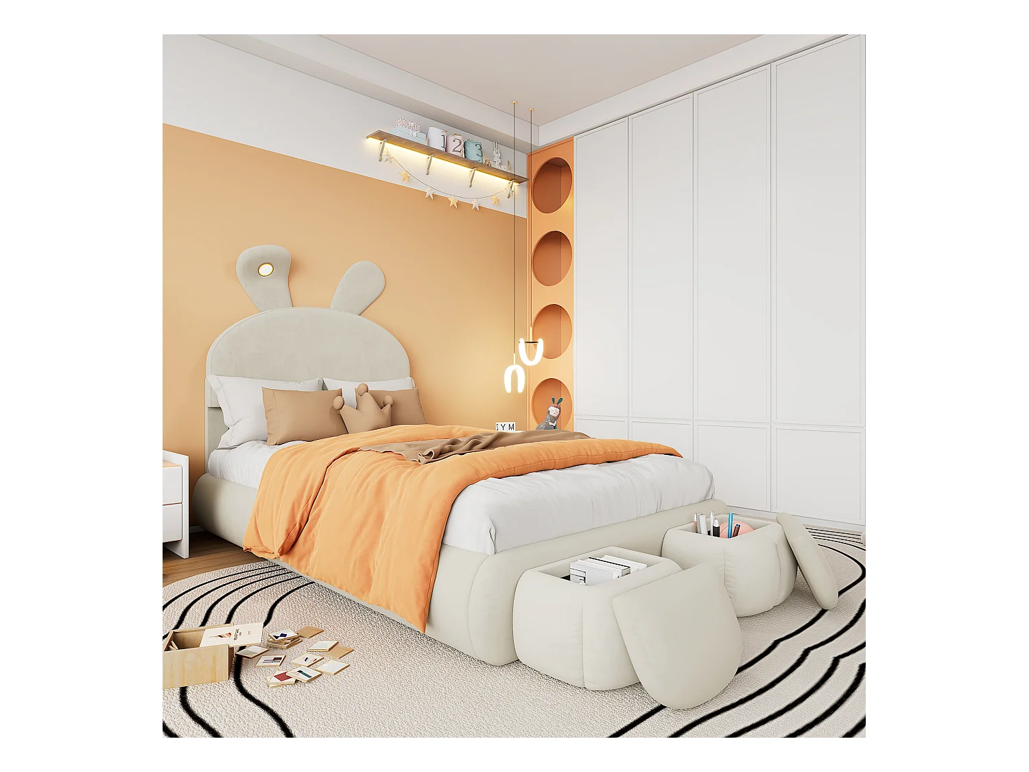 Cama infantil 90x200 cm acolchada en terciopelo - oreja de conejo con LED regulable - con 2 taburetes con almacenaje - Beige