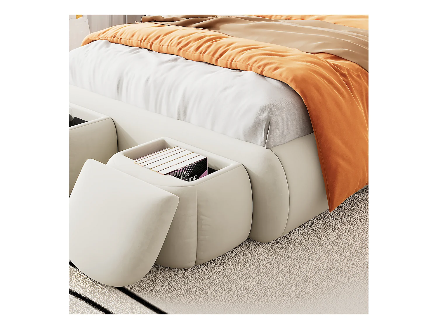 Cama infantil 90x200 cm acolchada en terciopelo - oreja de conejo con LED regulable - con 2 taburetes con almacenaje - Beige