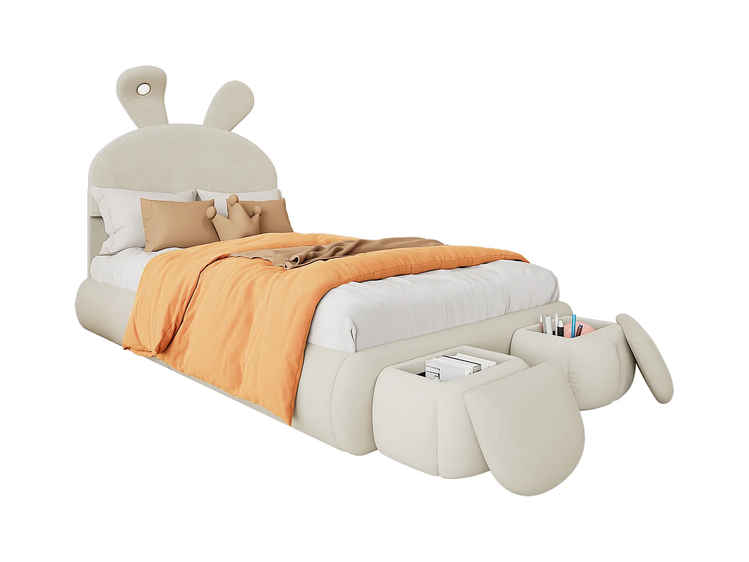 Cama infantil 90x200 cm acolchada en terciopelo - oreja de conejo con LED regulable - con 2 taburetes con almacenaje - Beige
