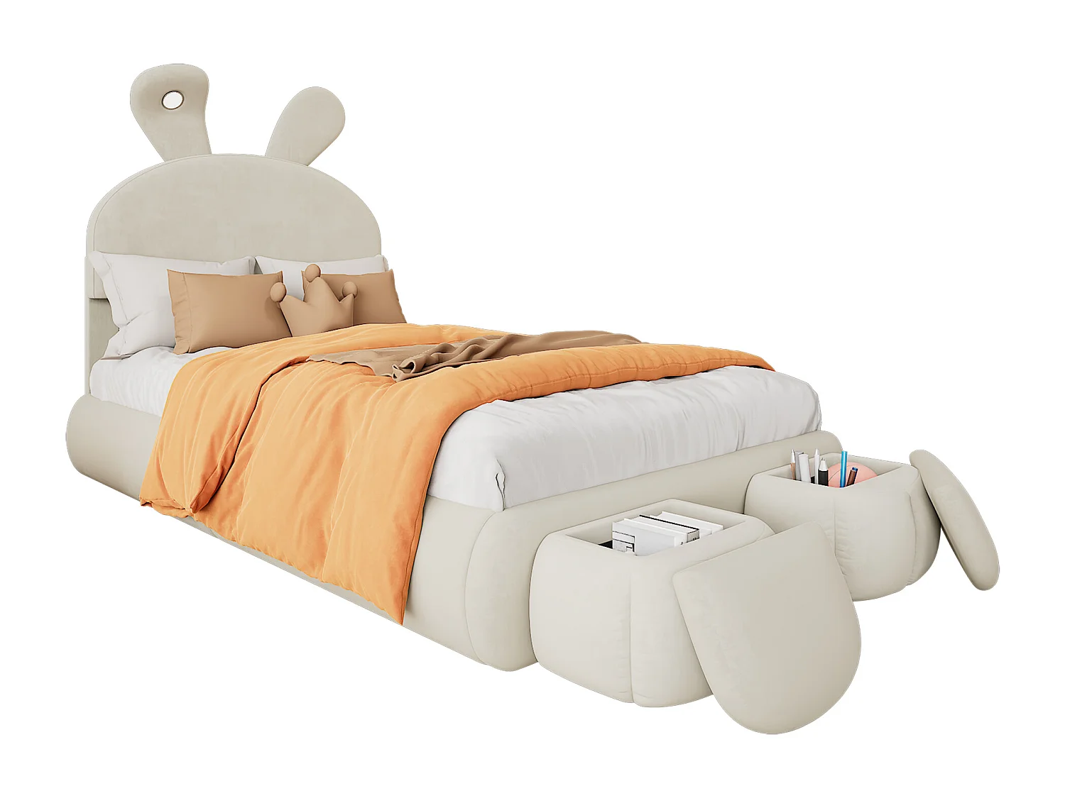 Lettino per bambini 90x200 cm imbottito in velluto - orecchie di coniglio con led orientabile - con 2 sgabelli contenitori - Beige