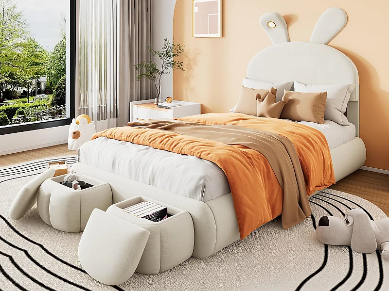 Cama infantil 90x200 cm acolchada en terciopelo - oreja de conejo con LED regulable - con 2 taburetes con almacenaje - Beige