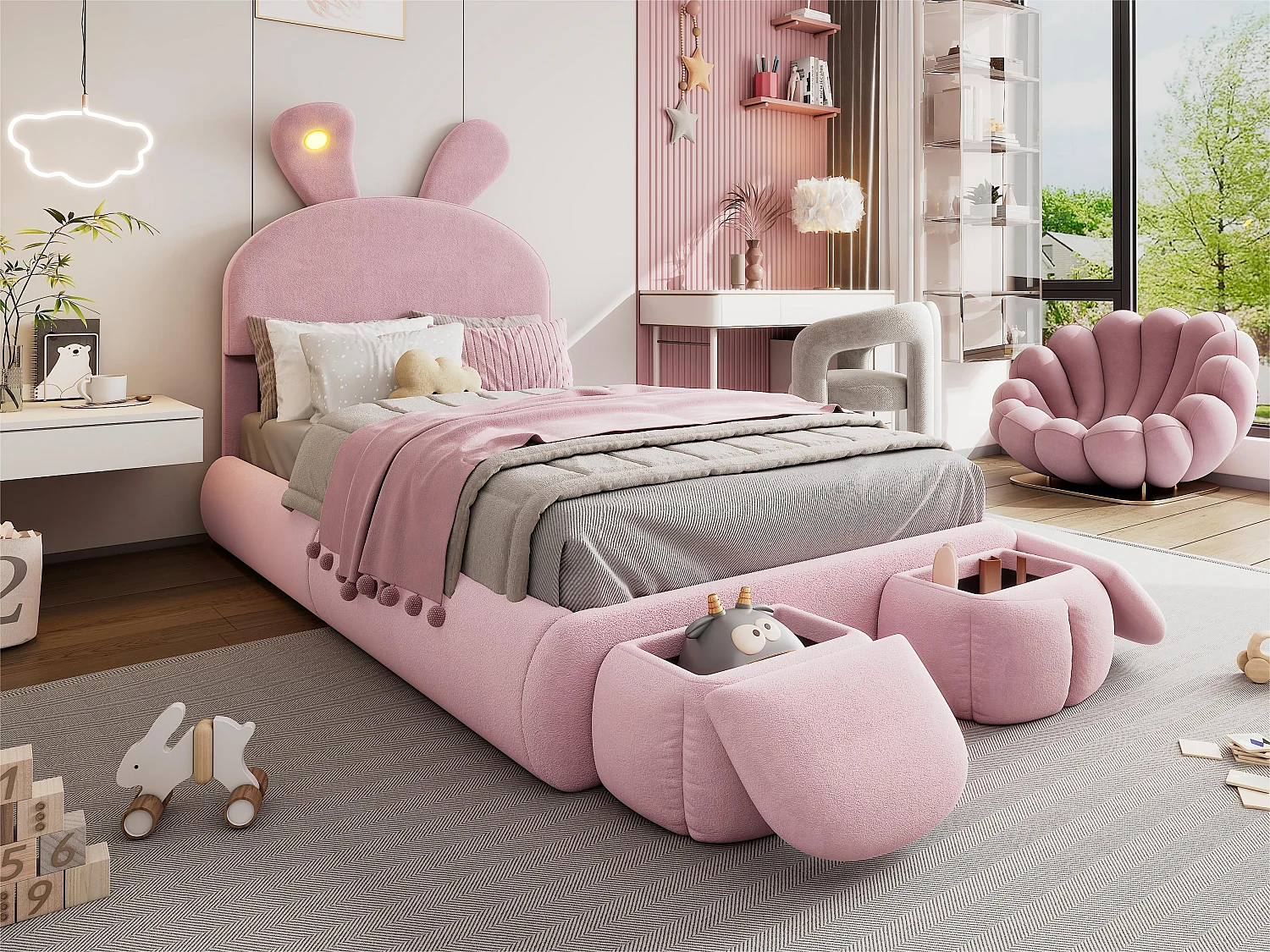 Lettino per bambini 90x200 cm imbottito in velluto - orecchie di coniglio con led orientabile - con 2 sgabelli contenitori - Rosa