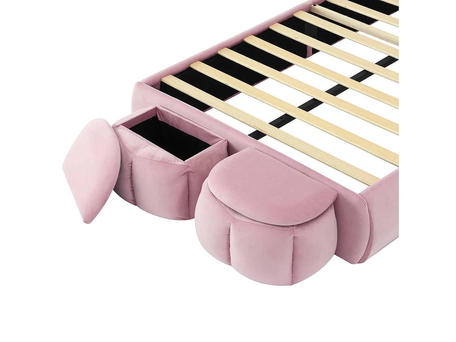 Lettino per bambini 90x200 cm imbottito in velluto - orecchie di coniglio con led orientabile - con 2 sgabelli contenitori - Rosa