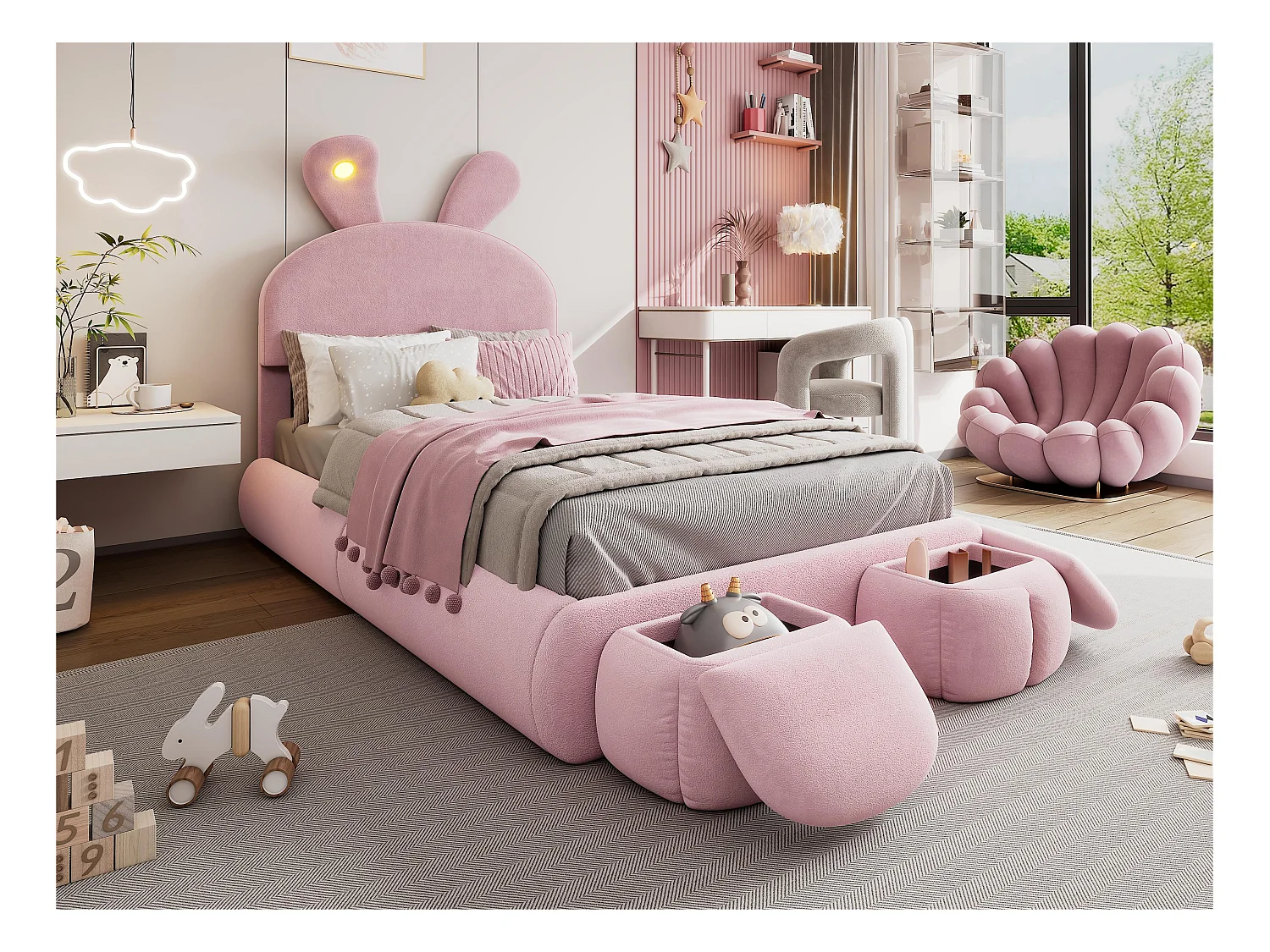 Lit enfant 90x200 cm rembourré en velours - oreille de lapin avec LED réglable - avec 2 tabourets de rangement - Rose