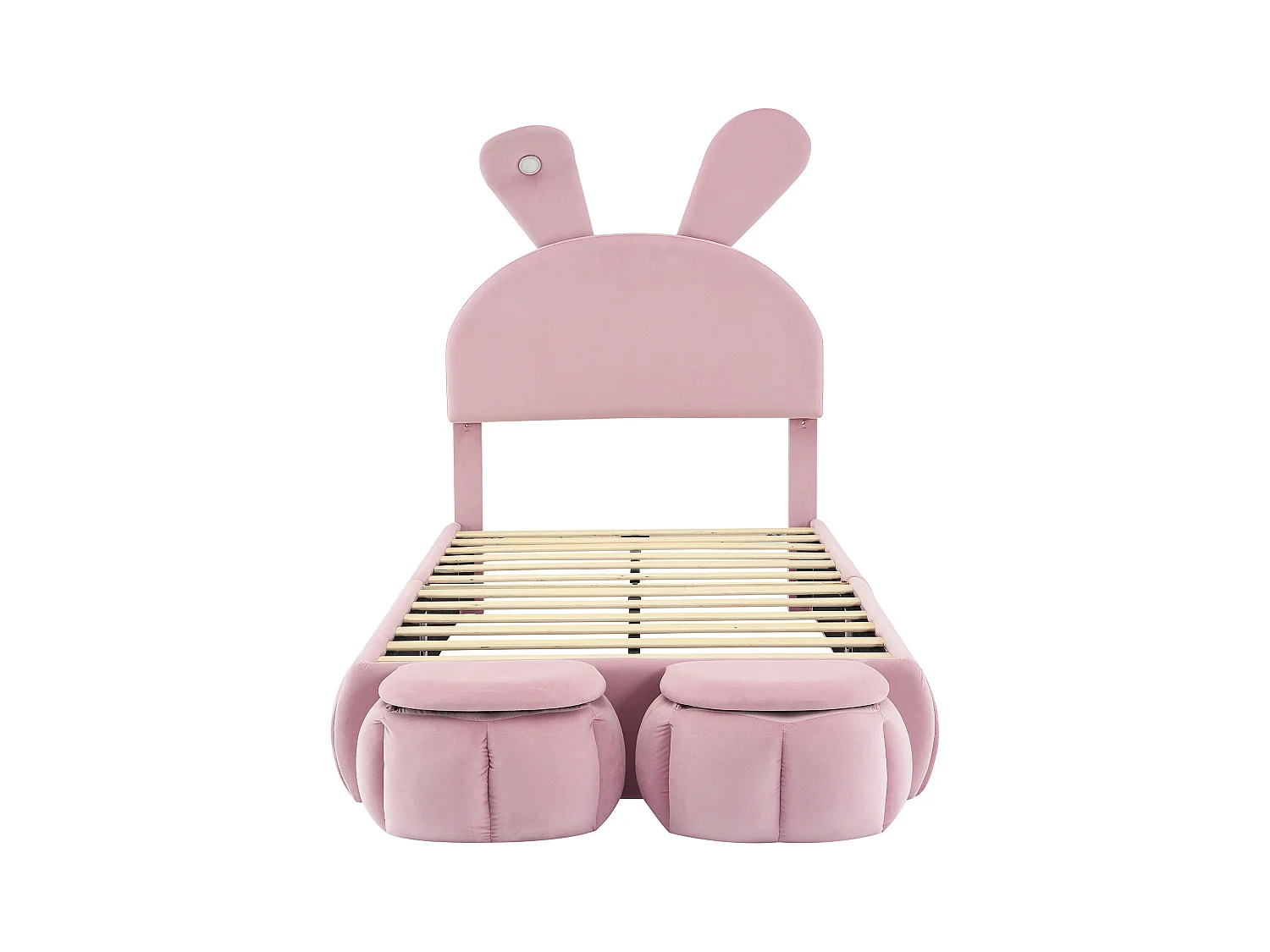 Kinderbett 90x200 cm, gepolstert mit Samt – Hasenohr mit verstellbarer LED – mit 2 Aufbewahrungshockern – Rosa