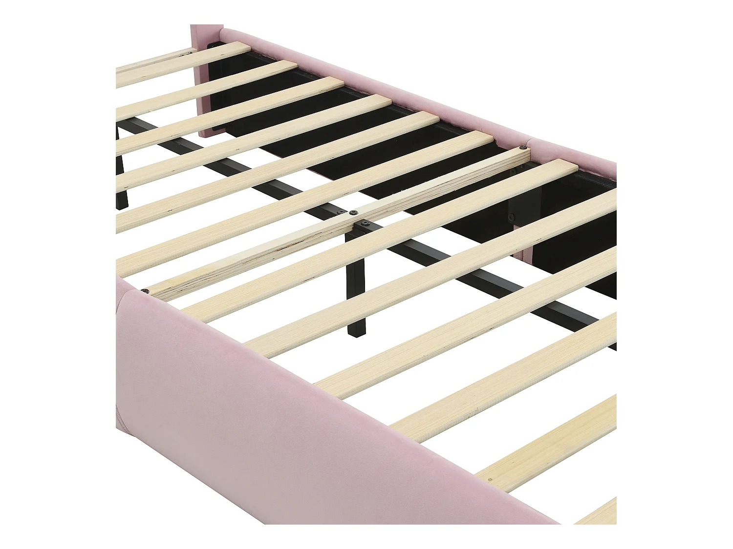 Kinderbett 90x200 cm, gepolstert mit Samt – Hasenohr mit verstellbarer LED – mit 2 Aufbewahrungshockern – Rosa