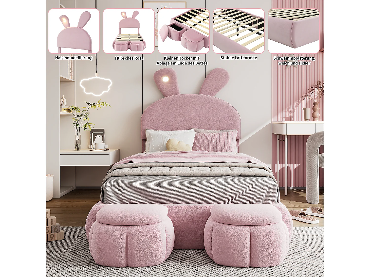 Kinderbett 90x200 cm, gepolstert mit Samt – Hasenohr mit verstellbarer LED – mit 2 Aufbewahrungshockern – Rosa
