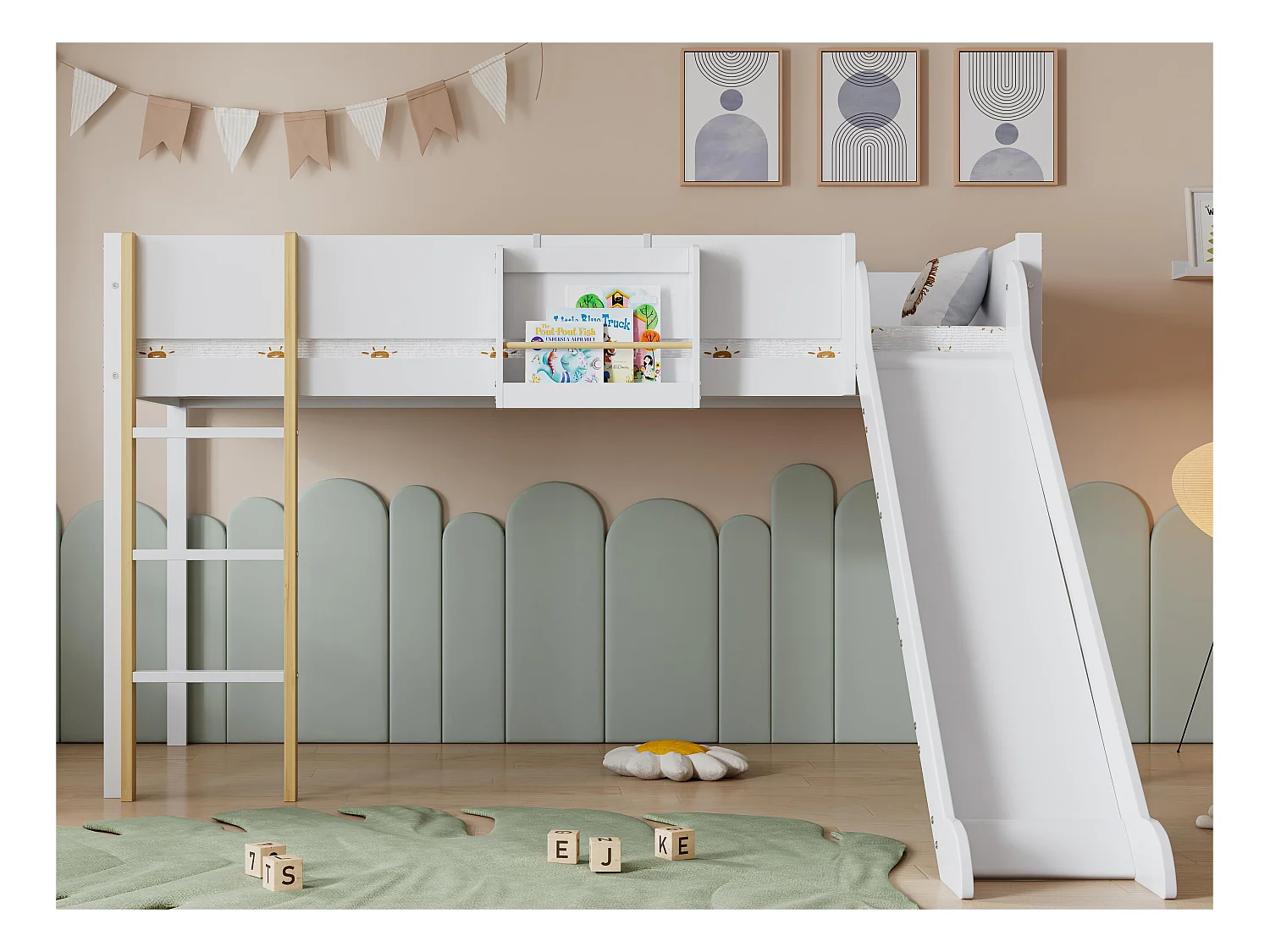Łóżko mezzanine 90x200 cm z regulowaną półką - z drabinką i zjeżdżalnią - z drewna sosnowego i MDF - Białe