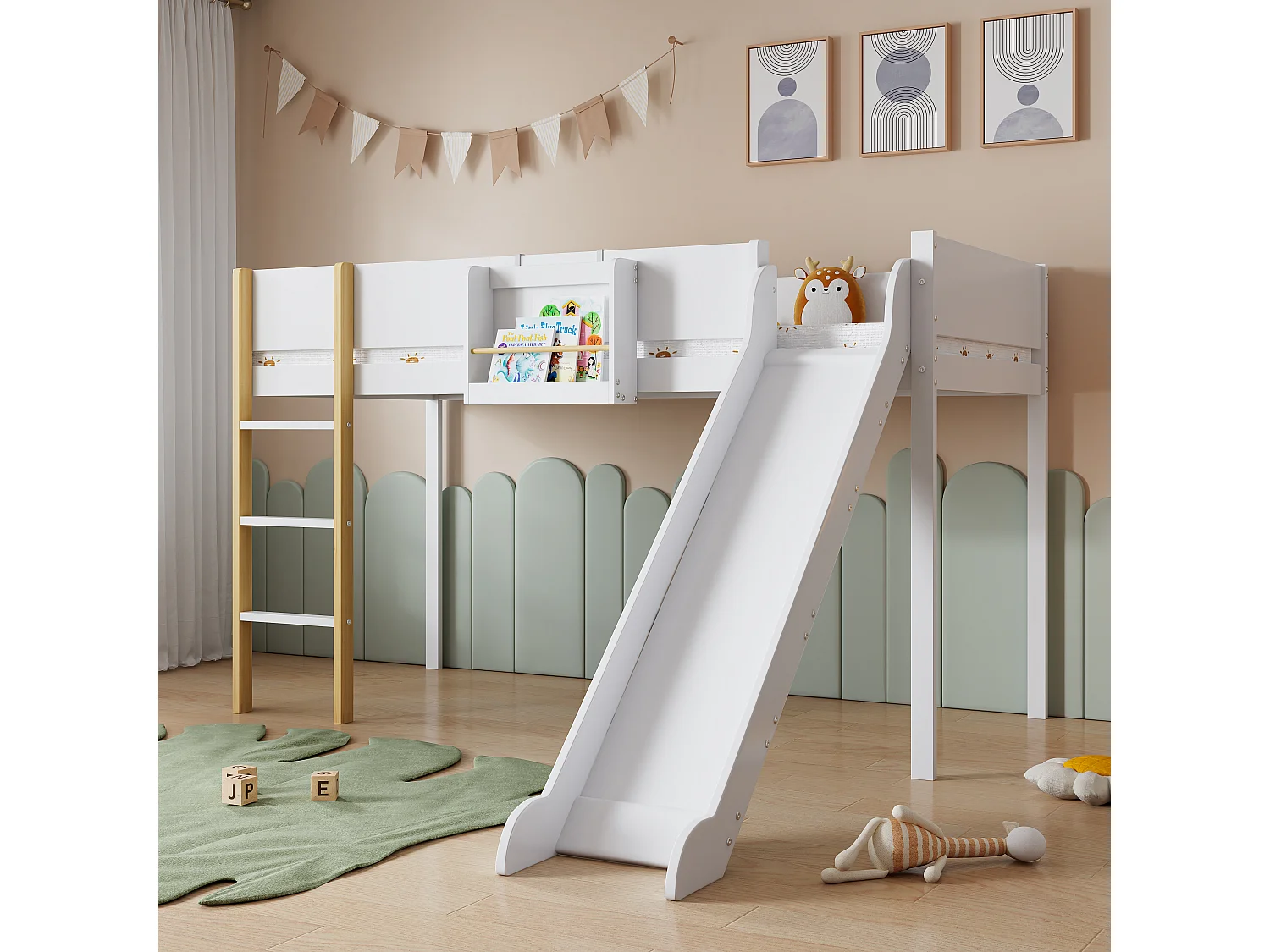 Lit mezzanine 90x200 cm avec une étagères amovible - avec échelle et toboggan - en bois de pin et MDF - Blanc