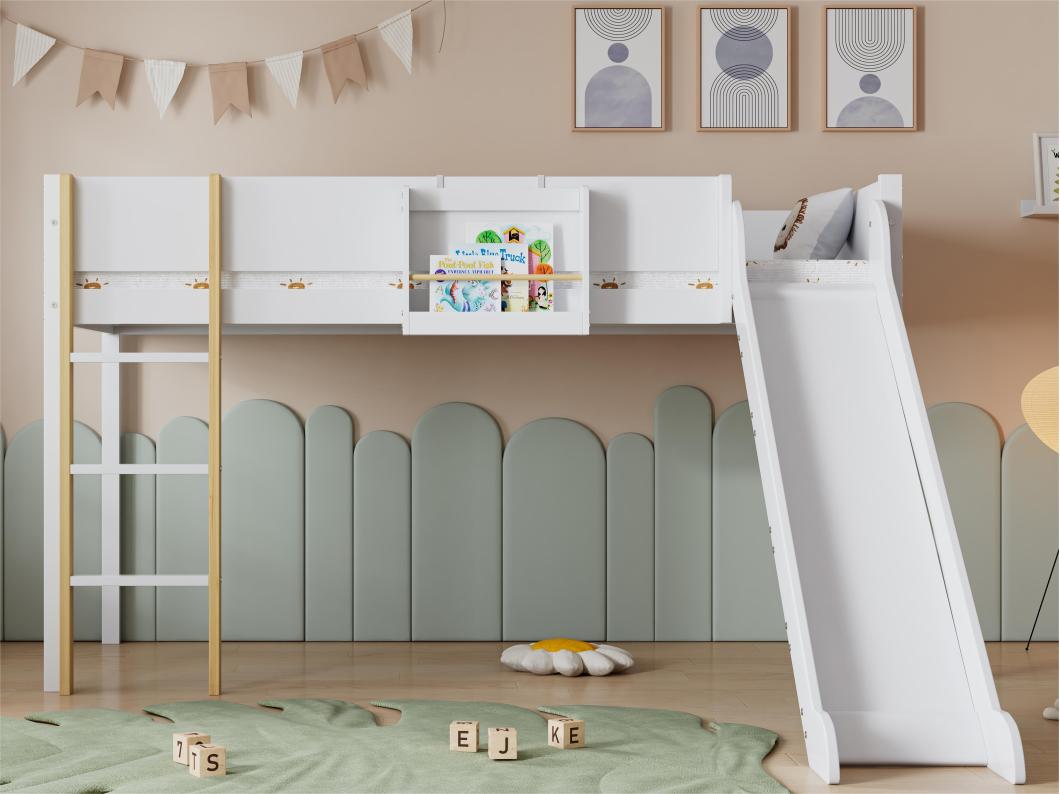 Cama alta 90x200 cm con estantes extraíbles - con escalera y tobogán - en madera de pino y MDF - Blanco