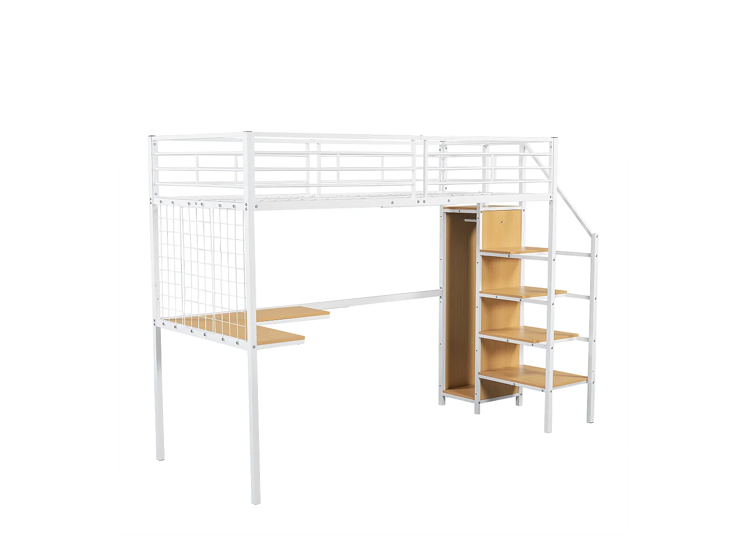 Lit superposé 90x200 cm - avec bureau et armoire - en fer et panneaux de particules - Blanc
