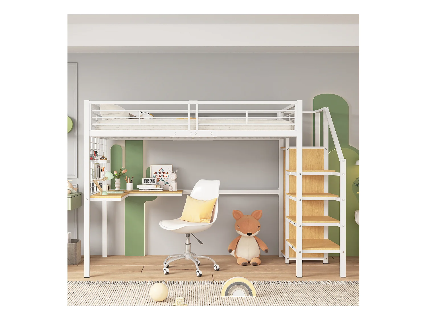 Lit superposé 90x200 cm - avec bureau et armoire - en fer et panneaux de particules - Blanc