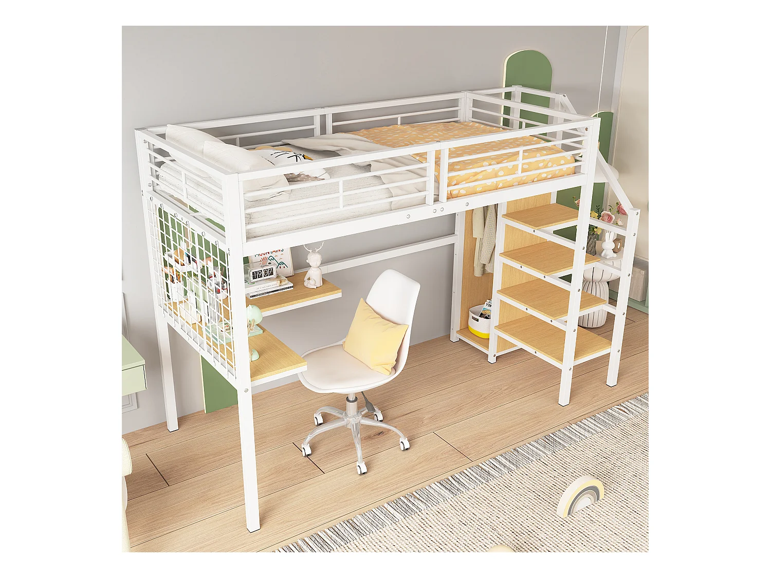 Lit superposé 90x200 cm - avec bureau et armoire - en fer et panneaux de particules - Blanc