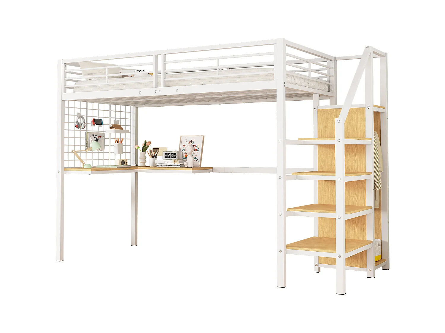 Lit superposé 90x200 cm - avec bureau et armoire - en fer et panneaux de particules - Blanc