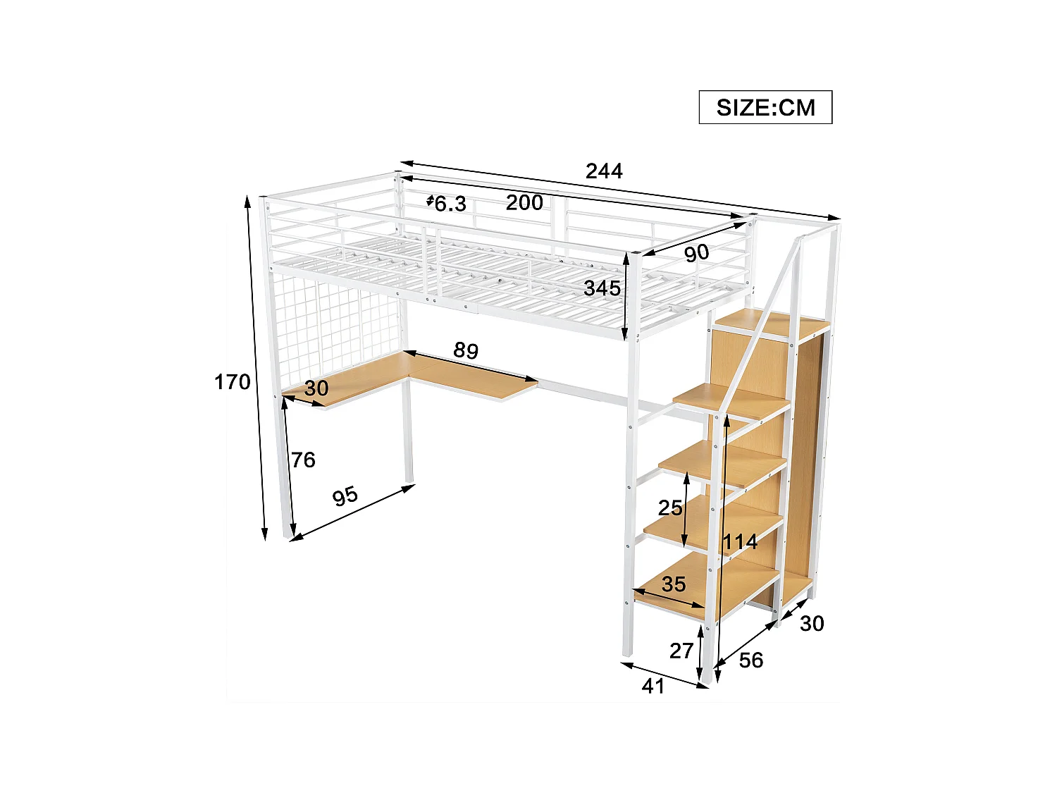 Lit superposé 90x200 cm - avec bureau et armoire - en fer et panneaux de particules - Blanc