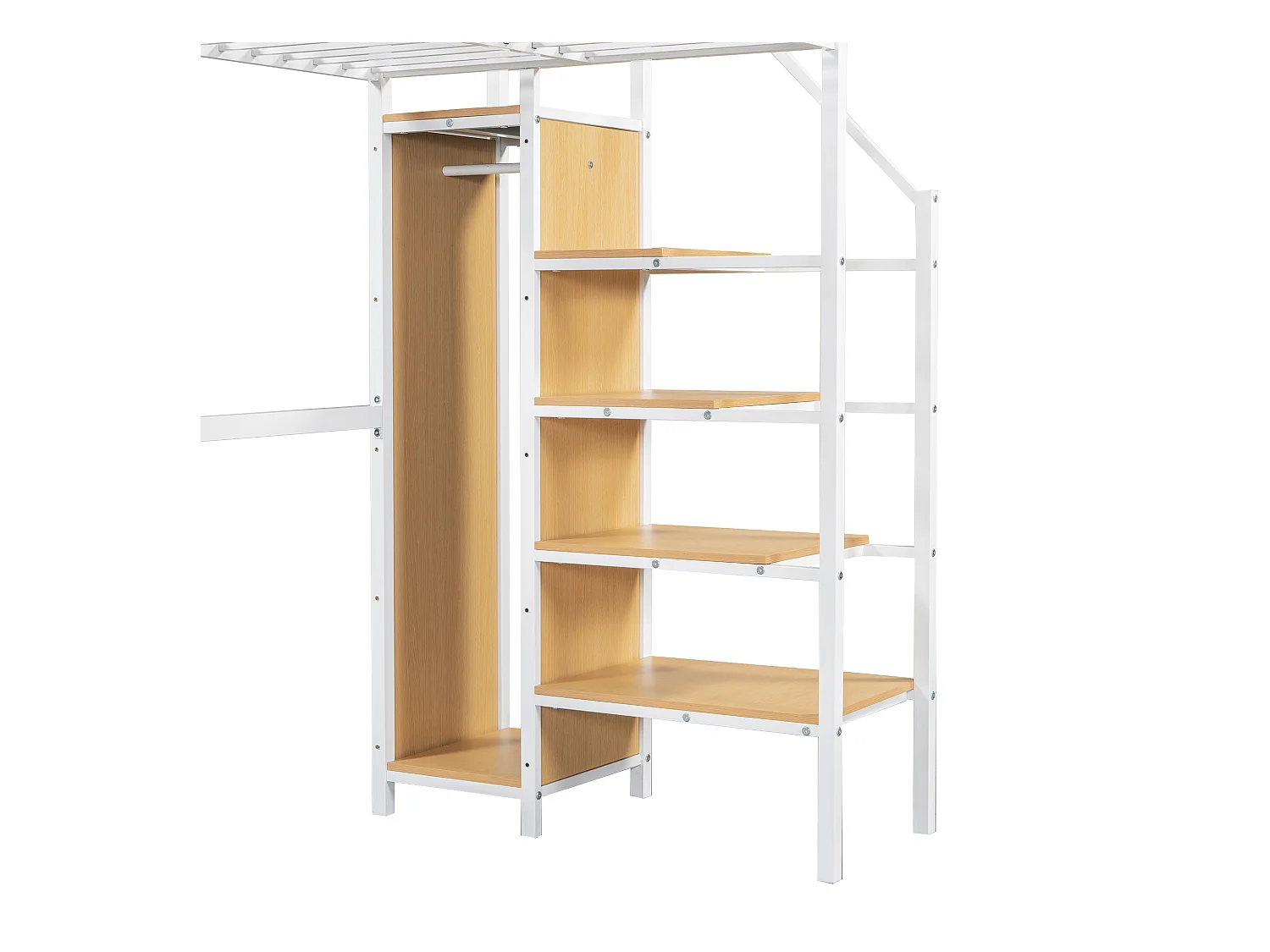 Lit superposé 90x200 cm - avec bureau et armoire - en fer et panneaux de particules - Blanc