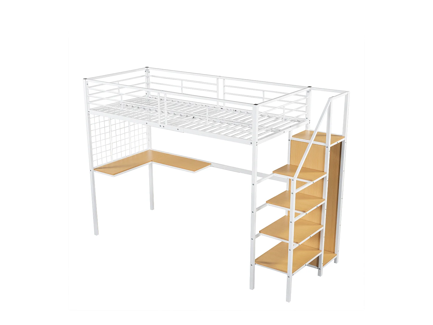 Lit superposé 90x200 cm - avec bureau et armoire - en fer et panneaux de particules - Blanc