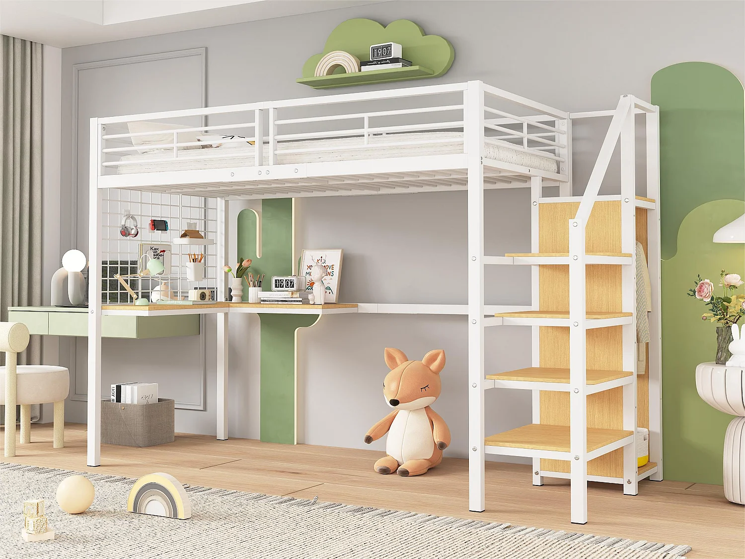 Lit superposé 90x200 cm - avec bureau et armoire - en fer et panneaux de particules - Blanc