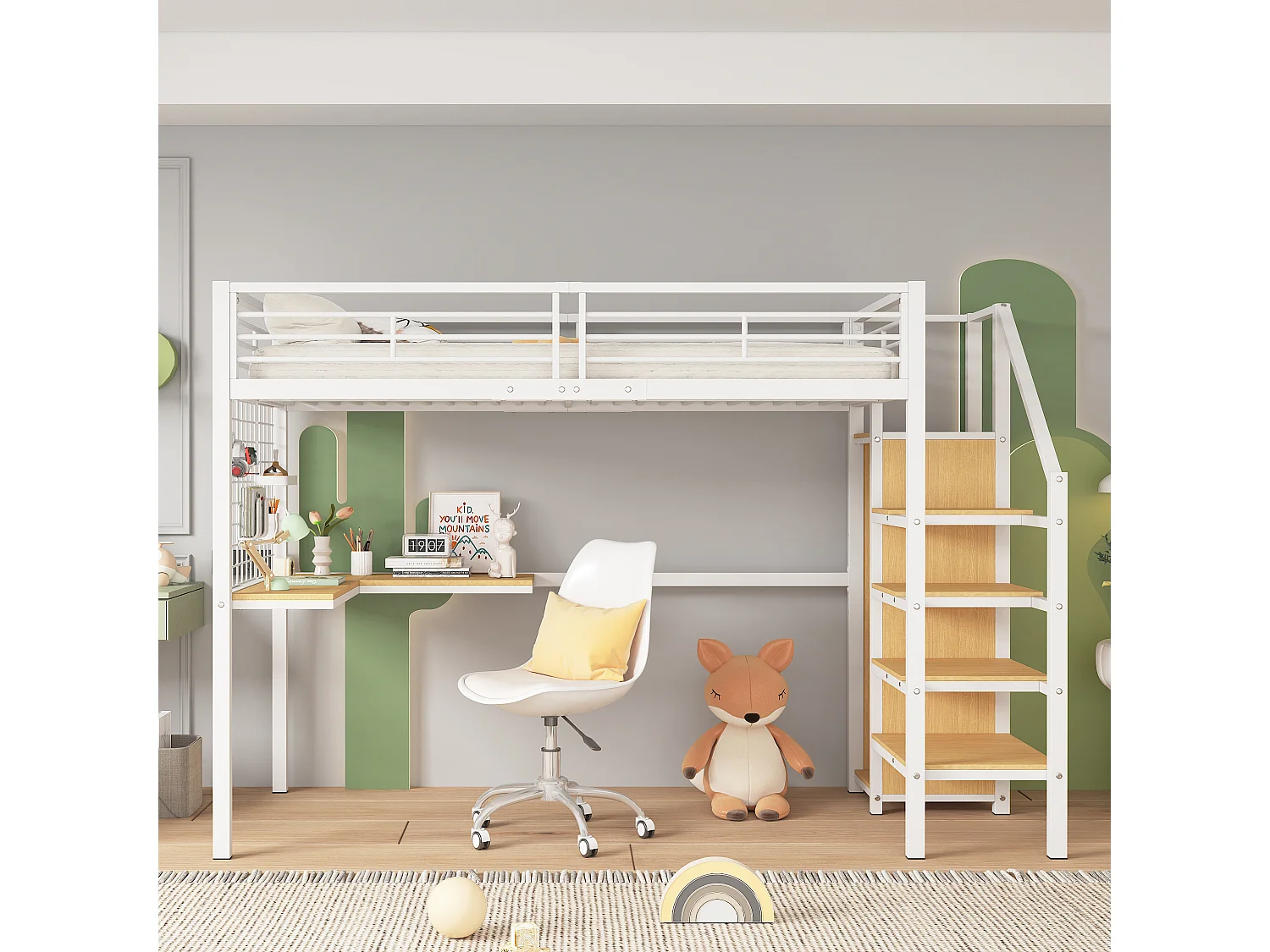 Lit superposé 90x200 cm - avec bureau et armoire - en fer et panneaux de particules - Blanc