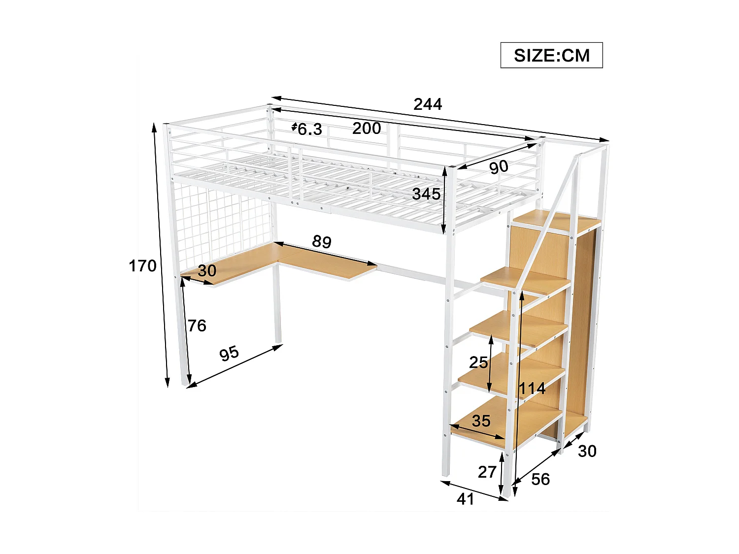 Lit superposé 90x200 cm - avec bureau et armoire - en fer et panneaux de particules - Blanc