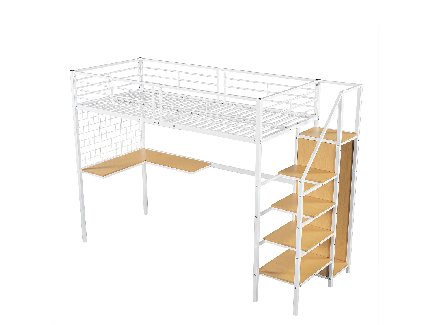 Lit superposé 90x200 cm - avec bureau et armoire - en fer et panneaux de particules - Blanc