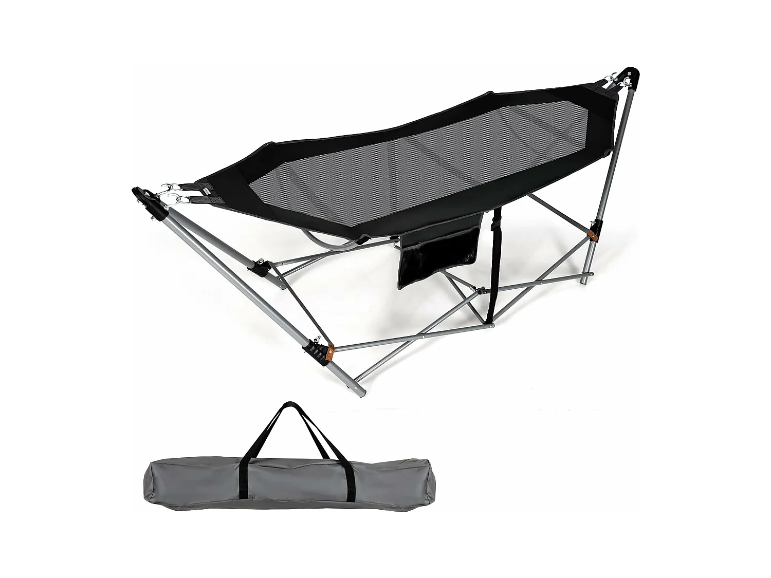 Hamac sur Pied, Hamac Pliant avec Support Métallique et en Tissu et velours d’Oxford, Poche Latérale et Boucles Anti-Basculement, pour Porche, Patio, Jardin, Charge 150KG, 227 x 82 x 89CM Noir
