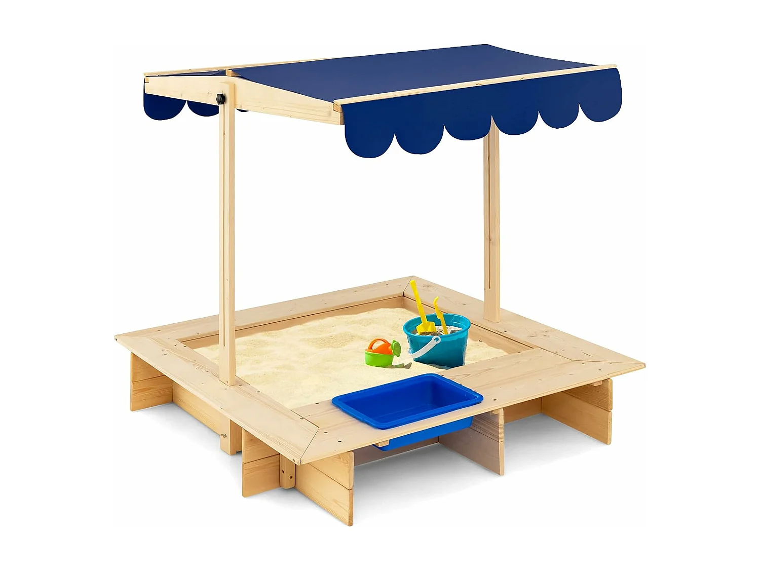 Bac à Sable en Bois Enfant 115 x 115 x 121 cm avec Toit Réglable et Pivotant Boite de Rangement et Banc pour Jardin