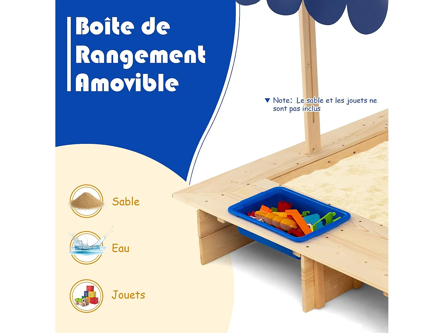 Bac à Sable en Bois Enfant 115 x 115 x 121 cm avec Toit Réglable et Pivotant Boite de Rangement et Banc pour Jardin