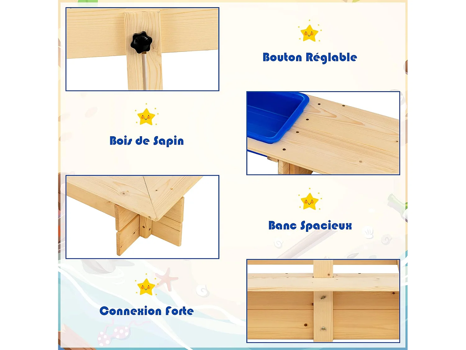 Bac à Sable en Bois Enfant 115 x 115 x 121 cm avec Toit Réglable et Pivotant Boite de Rangement et Banc pour Jardin