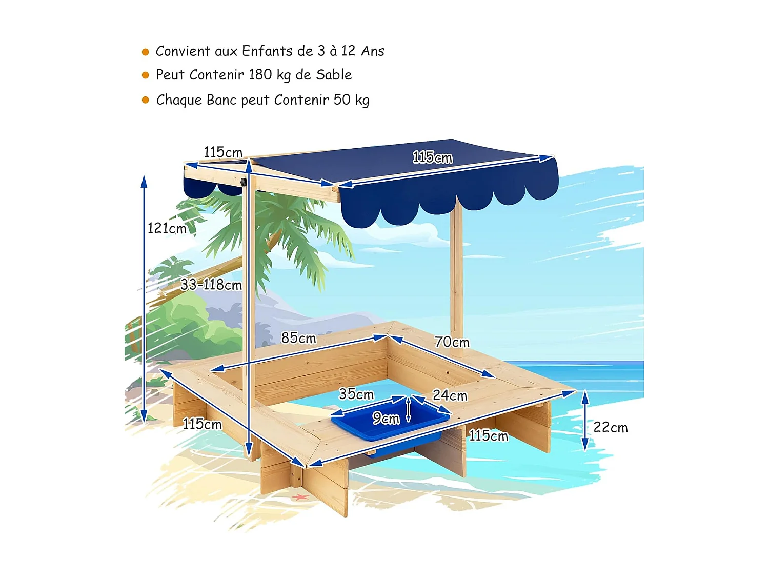 Bac à Sable en Bois Enfant 115 x 115 x 121 cm avec Toit Réglable et Pivotant Boite de Rangement et Banc pour Jardin