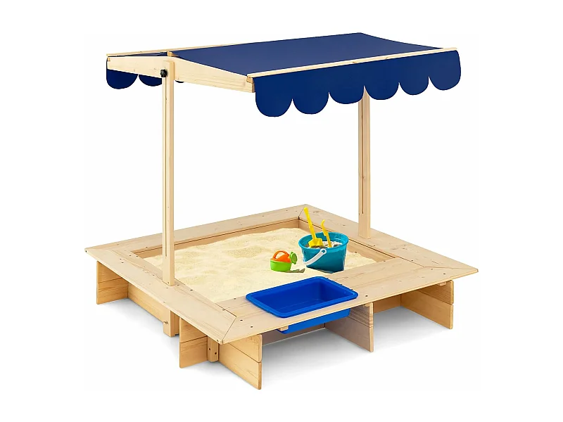 Bac à Sable en Bois Enfant 115 x 115 x 121 cm avec Toit Réglable et Pivotant Boite de Rangement et Banc pour Jardin