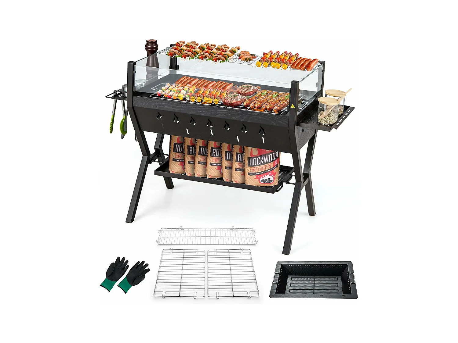 Barbecue à Charbon de Bois Extérieur, Gril au Charbon de Bois en Acier Métalydable avec Pare-vent, Supports d'Assaisonnement, Étagère de Rangement pour Pique-nique CamBoisg