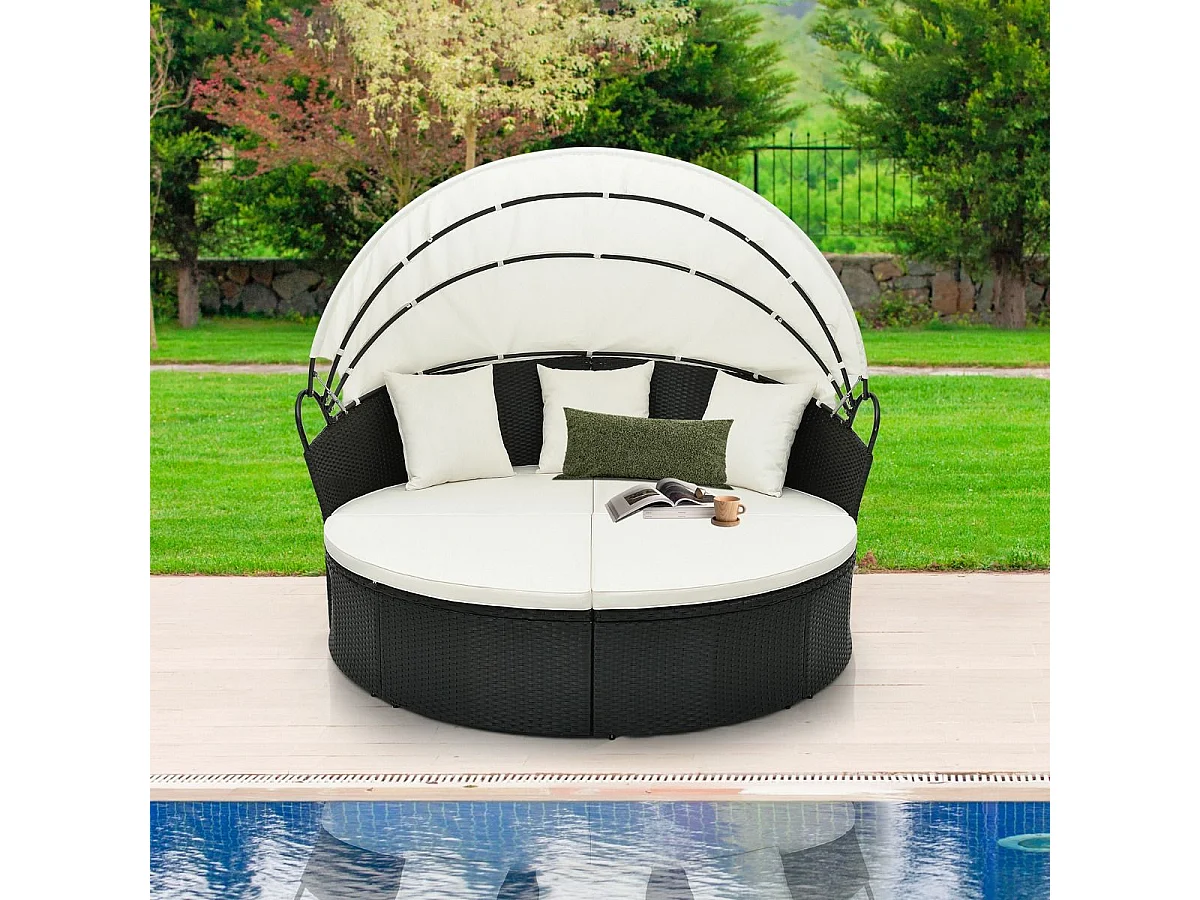 Chaise Longue à 2 Places en Rotin et fibre naturelle avec Auvent Rétractable, Bain de Soleil avec Panneaux Latéraux Pliables, Coussins d’Assise et Dossier Épais (Blanc cassé)