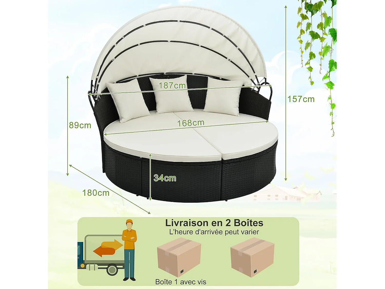 Chaise Longue à 2 Places en Rotin et fibre naturelle avec Auvent Rétractable, Bain de Soleil avec Panneaux Latéraux Pliables, Coussins d’Assise et Dossier Épais (Blanc cassé)