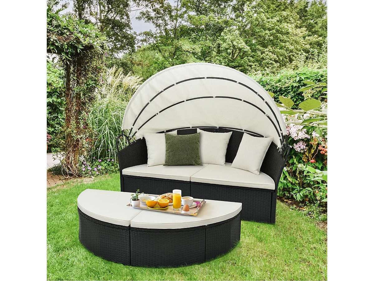 Chaise Longue à 2 Places en Rotin et fibre naturelle avec Auvent Rétractable, Bain de Soleil avec Panneaux Latéraux Pliables, Coussins d’Assise et Dossier Épais (Blanc cassé)
