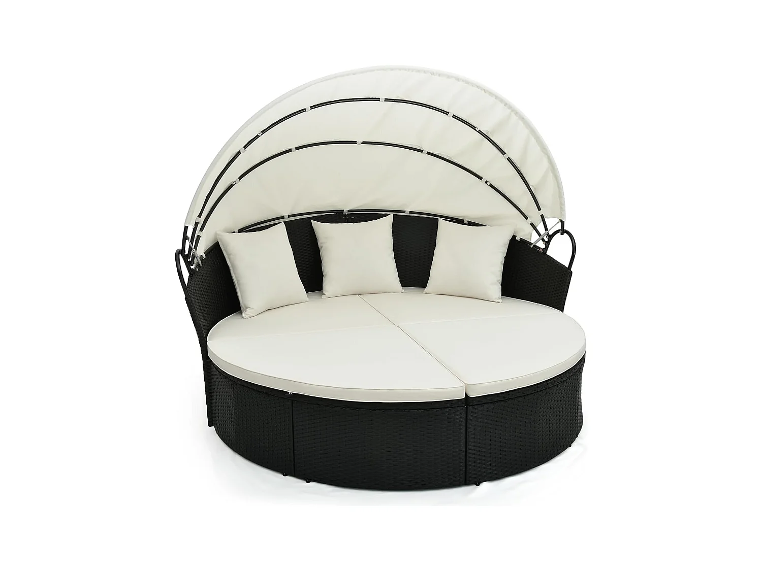 Chaise Longue à 2 Places en Rotin et fibre naturelle avec Auvent Rétractable, Bain de Soleil avec Panneaux Latéraux Pliables, Coussins d’Assise et Dossier Épais (Blanc cassé)