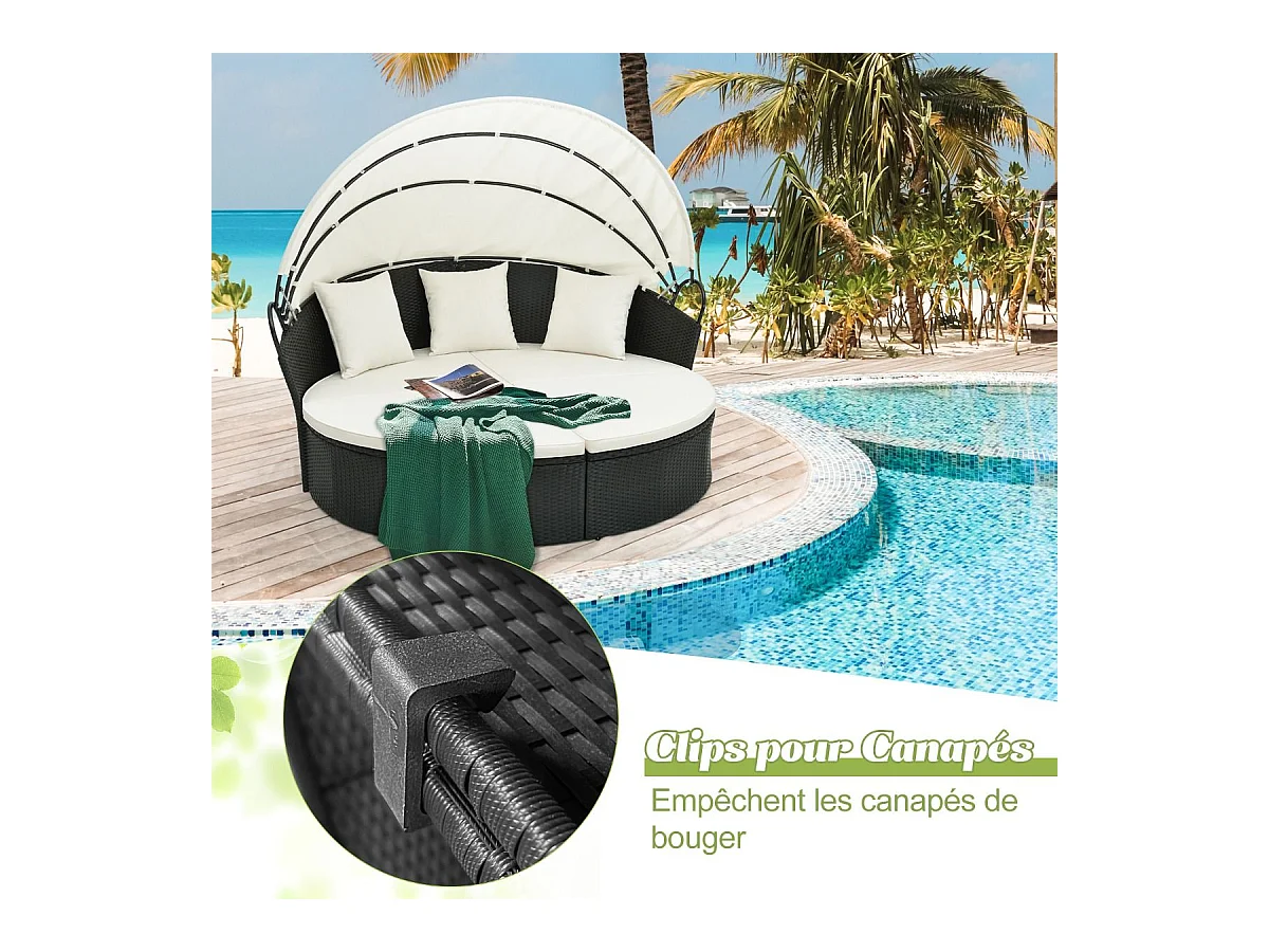 Chaise Longue à 2 Places en Rotin et fibre naturelle avec Auvent Rétractable, Bain de Soleil avec Panneaux Latéraux Pliables Coussins d’Assise et Dossier Épais (Blanc cassé)