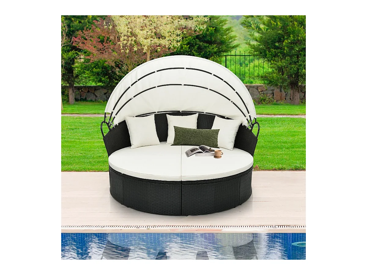 Chaise Longue à 2 Places en Rotin et fibre naturelle avec Auvent Rétractable, Bain de Soleil avec Panneaux Latéraux Pliables Coussins d’Assise et Dossier Épais (Blanc cassé)