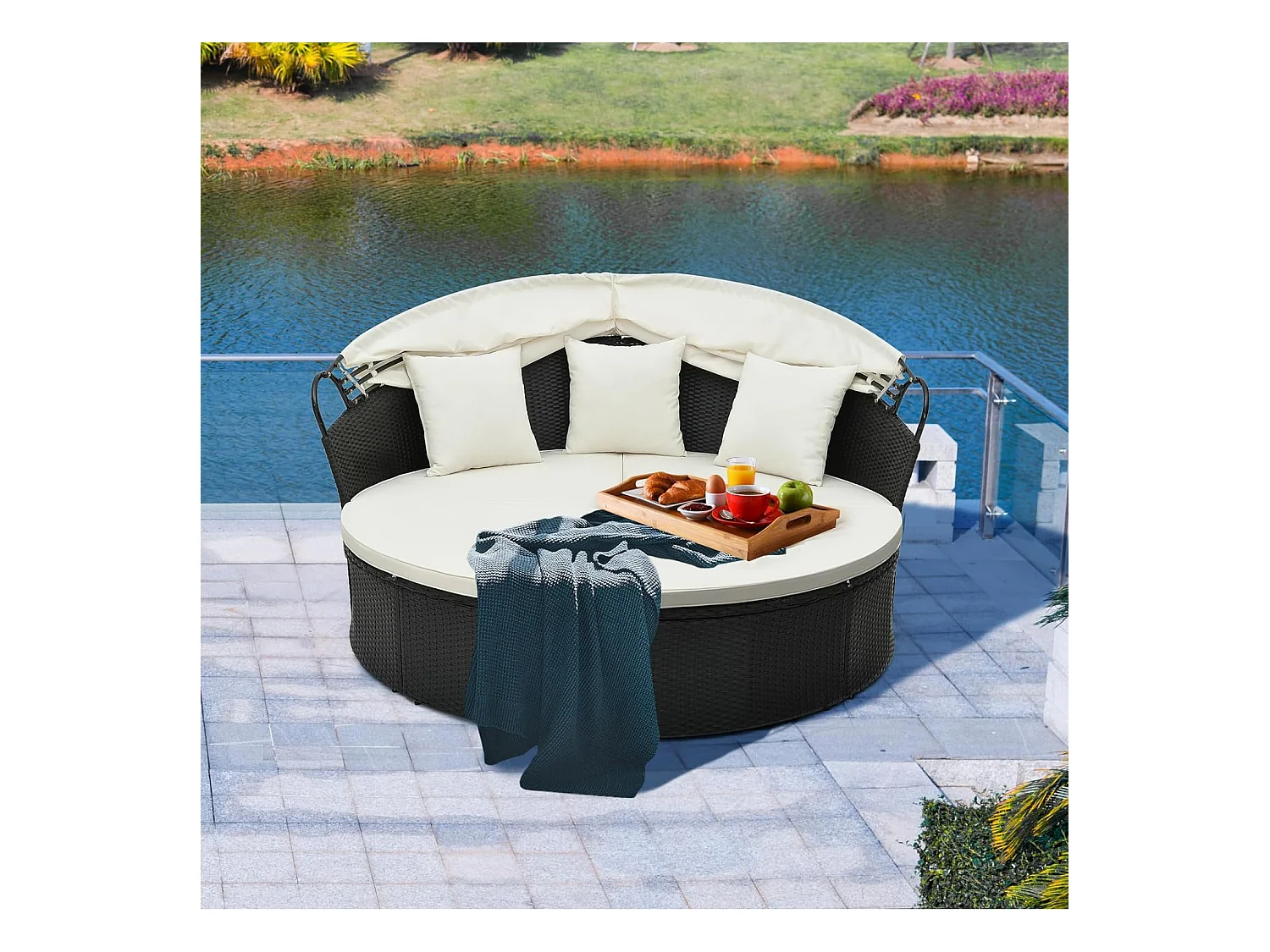 Chaise Longue à 2 Places en Rotin et fibre naturelle avec Auvent Rétractable, Bain de Soleil avec Panneaux Latéraux Pliables Coussins d’Assise et Dossier Épais (Blanc cassé)