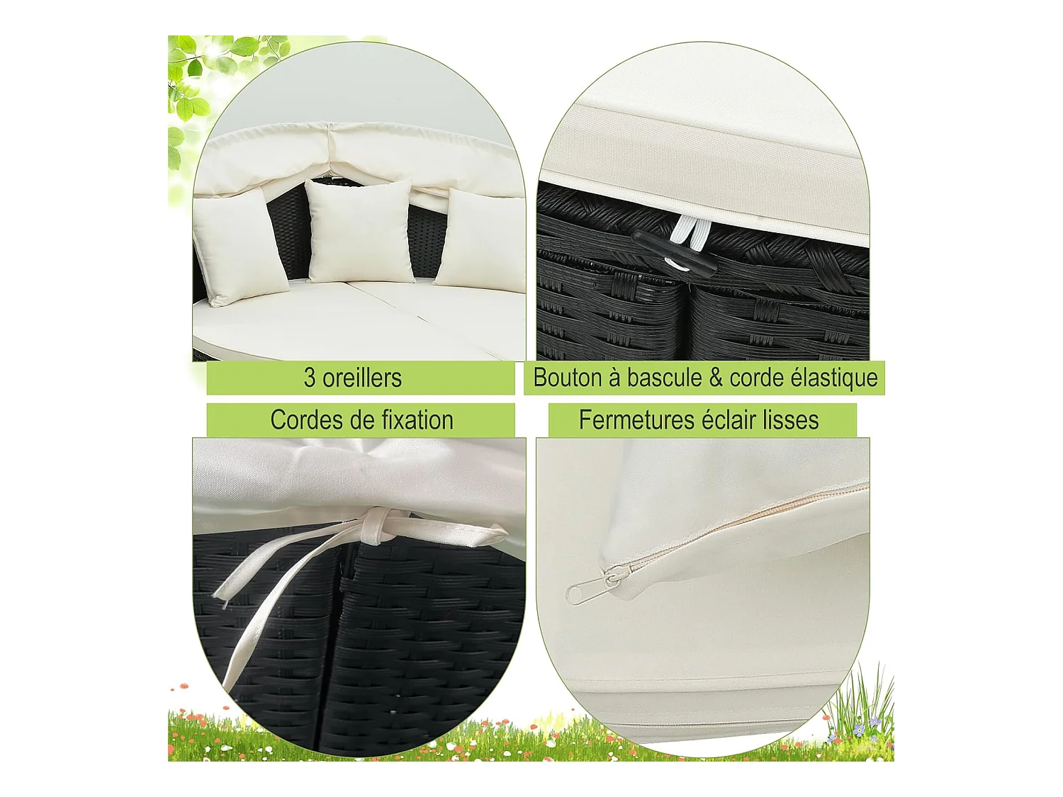 Chaise Longue à 2 Places en Rotin et fibre naturelle avec Auvent Rétractable, Bain de Soleil avec Panneaux Latéraux Pliables Coussins d’Assise et Dossier Épais (Blanc cassé)