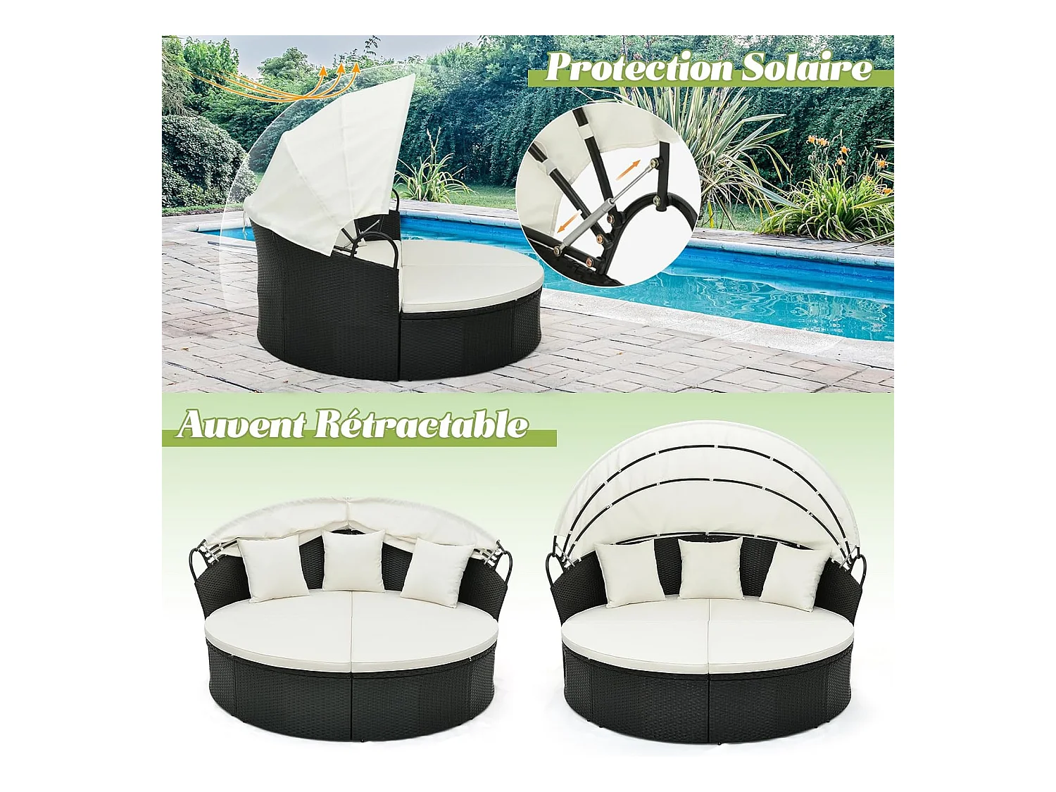 Chaise Longue à 2 Places en Rotin et fibre naturelle avec Auvent Rétractable, Bain de Soleil avec Panneaux Latéraux Pliables Coussins d’Assise et Dossier Épais (Blanc cassé)