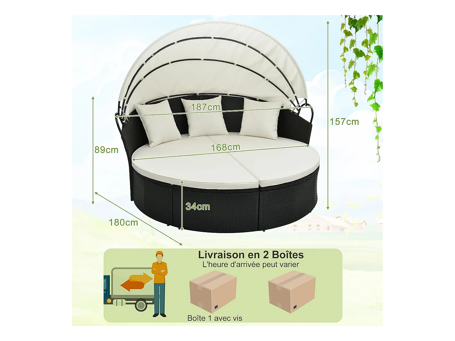 Chaise Longue à 2 Places en Rotin et fibre naturelle avec Auvent Rétractable, Bain de Soleil avec Panneaux Latéraux Pliables Coussins d’Assise et Dossier Épais (Blanc cassé)
