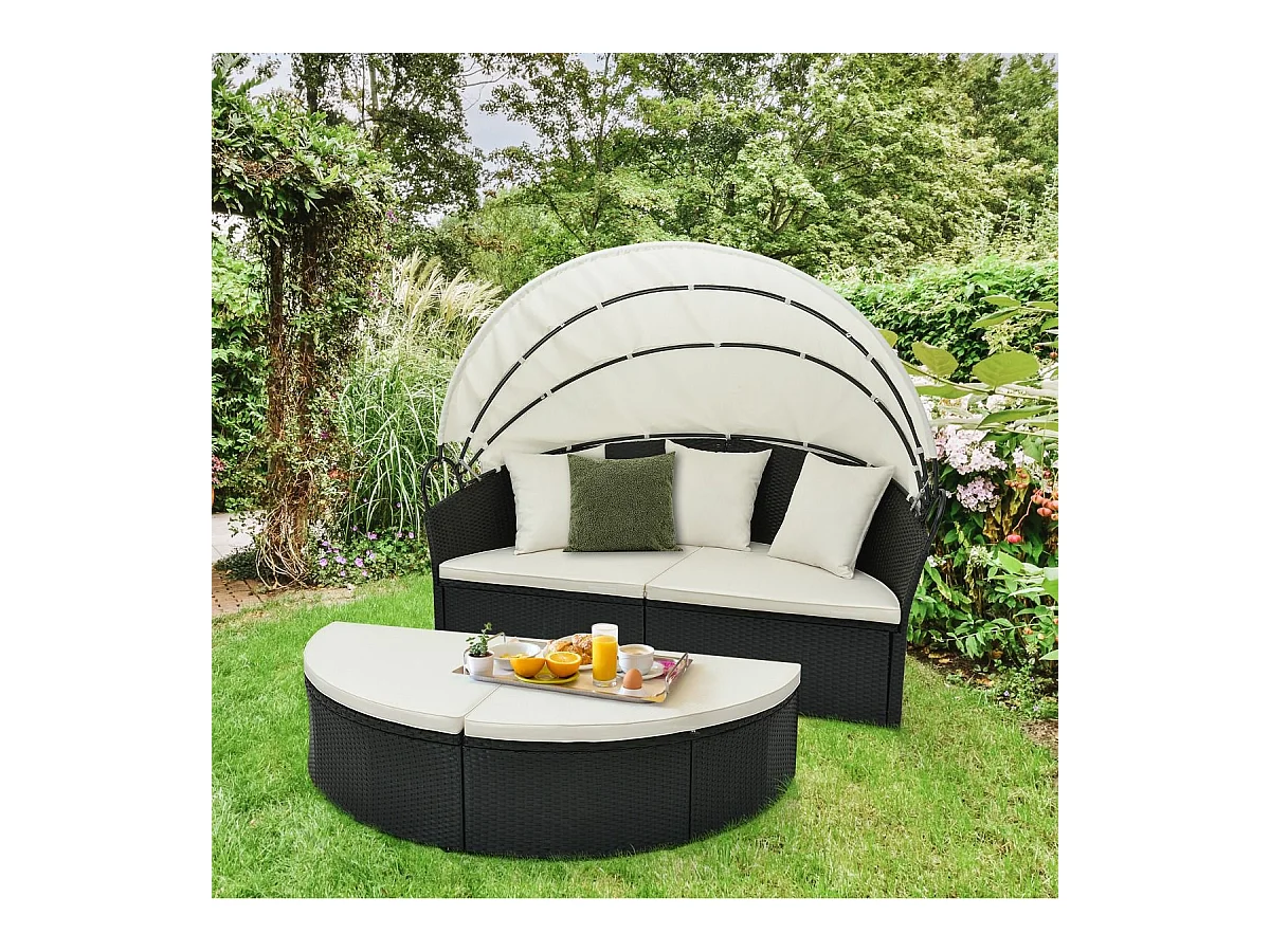 Chaise Longue à 2 Places en Rotin et fibre naturelle avec Auvent Rétractable, Bain de Soleil avec Panneaux Latéraux Pliables Coussins d’Assise et Dossier Épais (Blanc cassé)