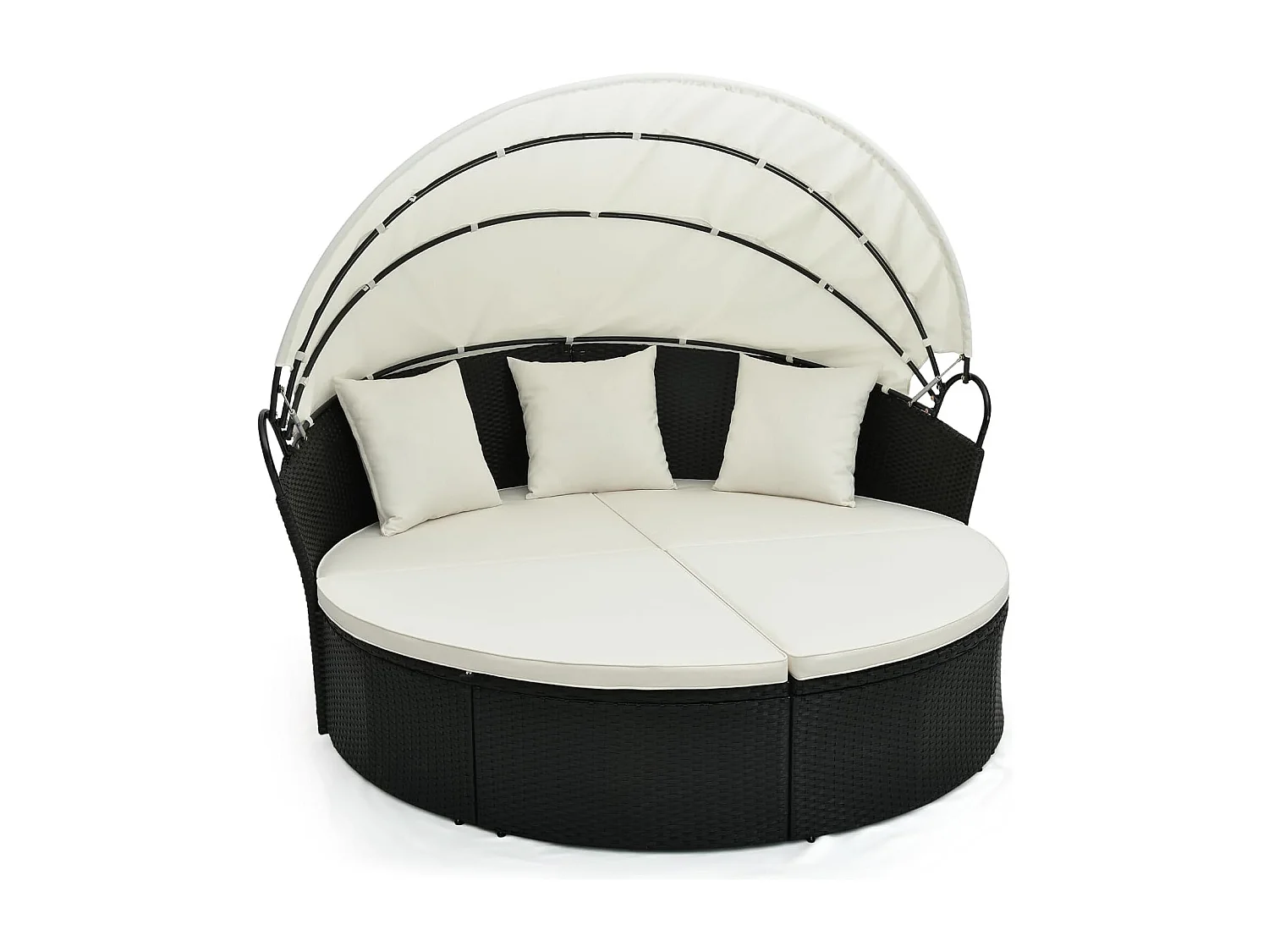 Chaise Longue à 2 Places en Rotin et fibre naturelle avec Auvent Rétractable, Bain de Soleil avec Panneaux Latéraux Pliables, Coussins d’Assise et Dossier Épais (Blanc cassé)