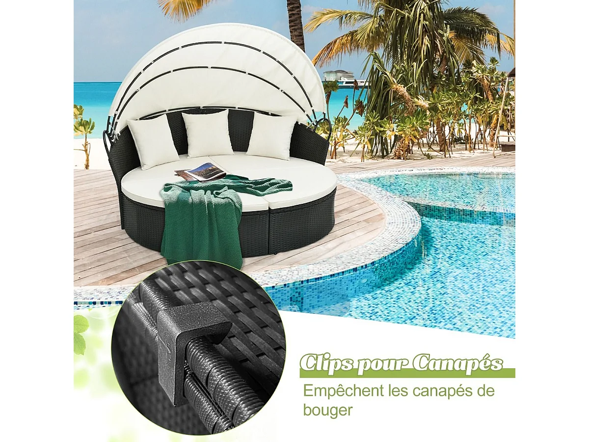 Chaise Longue à 2 Places en Rotin et fibre naturelle avec Auvent Rétractable, Bain de Soleil avec Panneaux Latéraux Pliables, Coussins d’Assise et Dossier Épais (Blanc cassé)
