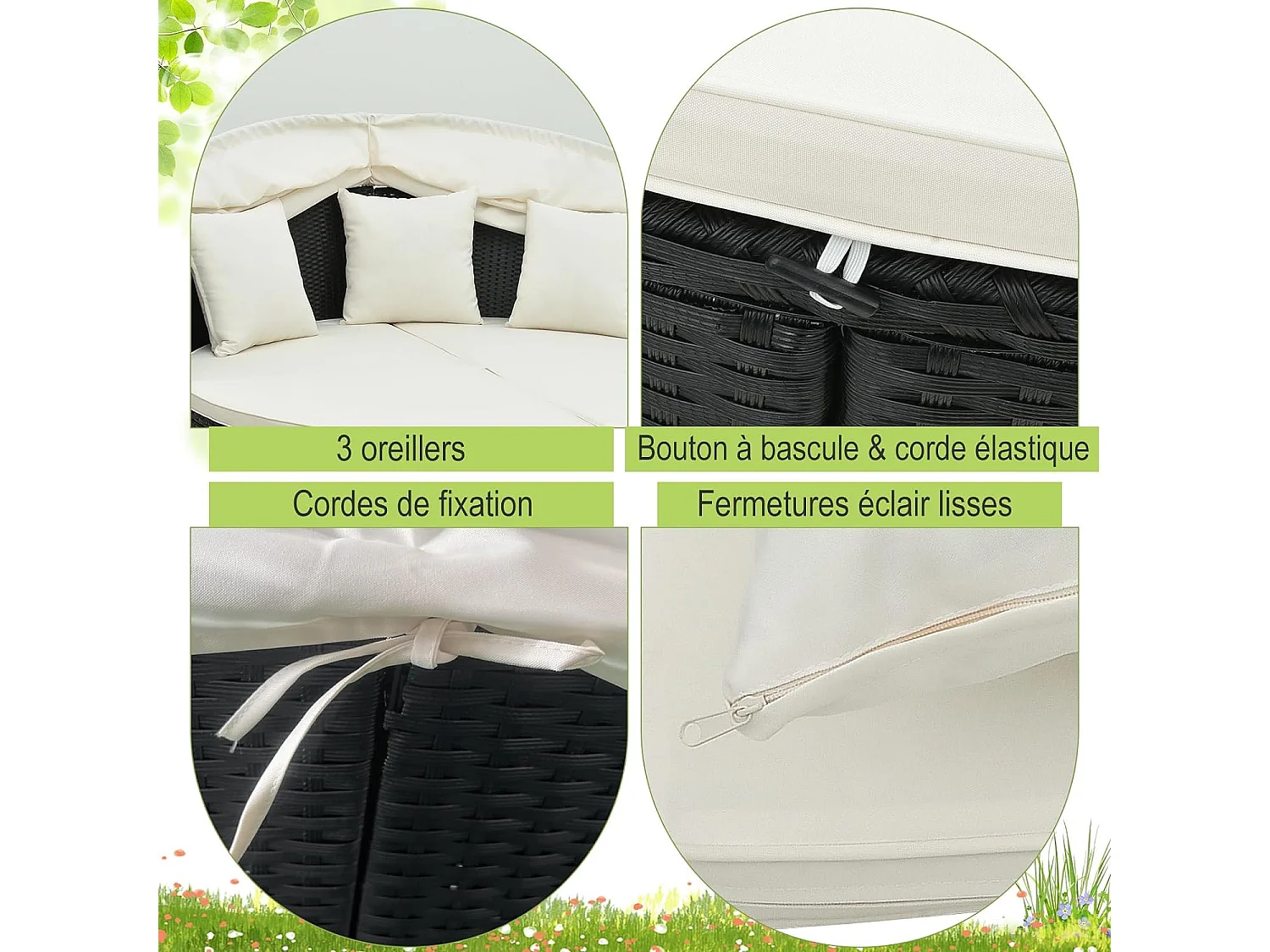 Chaise Longue à 2 Places en Rotin et fibre naturelle avec Auvent Rétractable, Bain de Soleil avec Panneaux Latéraux Pliables, Coussins d’Assise et Dossier Épais (Blanc cassé)