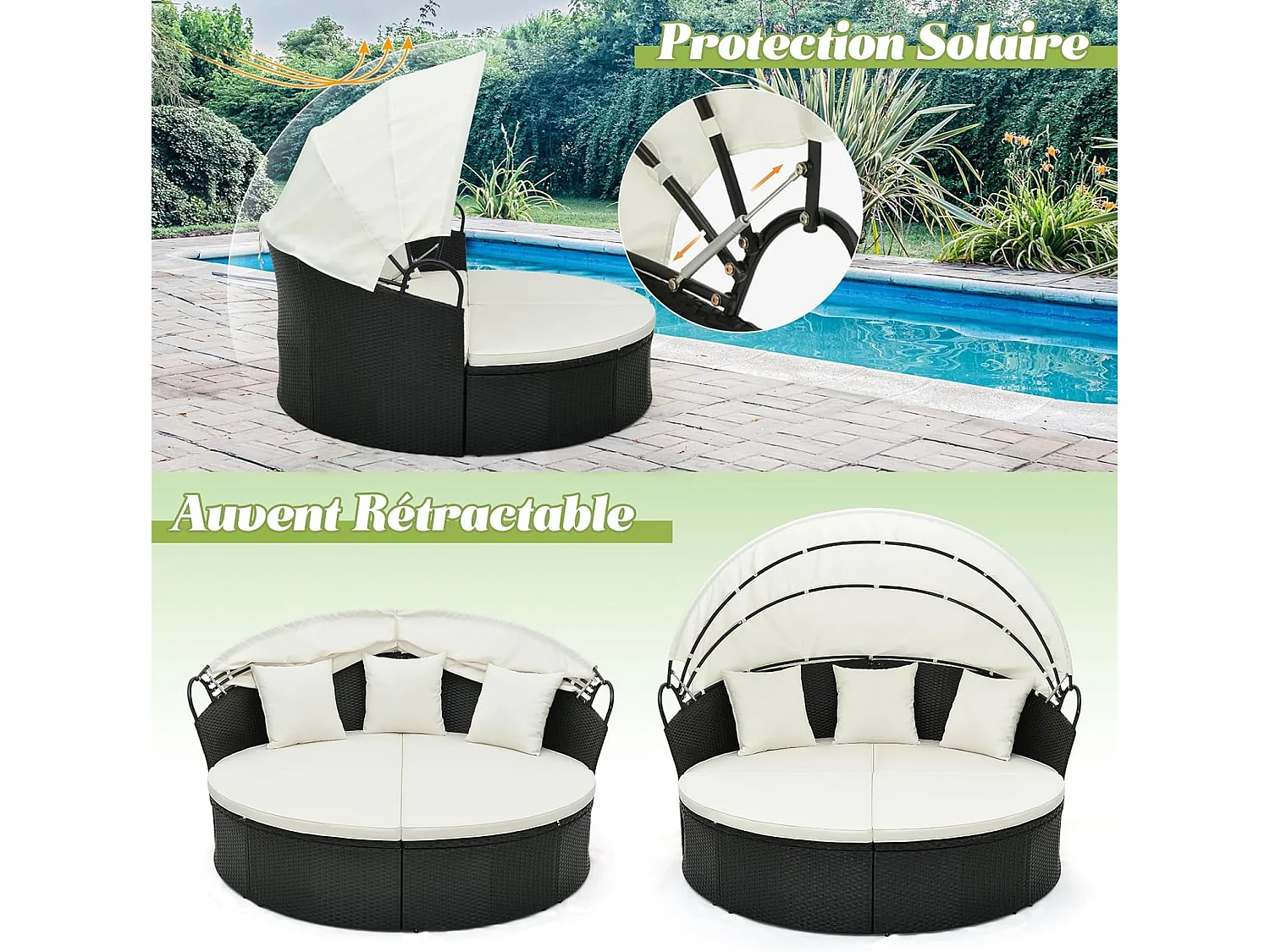 Chaise Longue à 2 Places en Rotin et fibre naturelle avec Auvent Rétractable, Bain de Soleil avec Panneaux Latéraux Pliables, Coussins d’Assise et Dossier Épais (Blanc cassé)