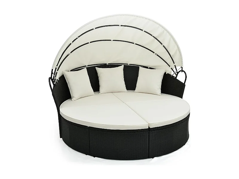 Chaise Longue à 2 Places en Rotin et fibre naturelle avec Auvent Rétractable, Bain de Soleil avec Panneaux Latéraux Pliables, Coussins d’Assise et Dossier Épais (Blanc cassé)